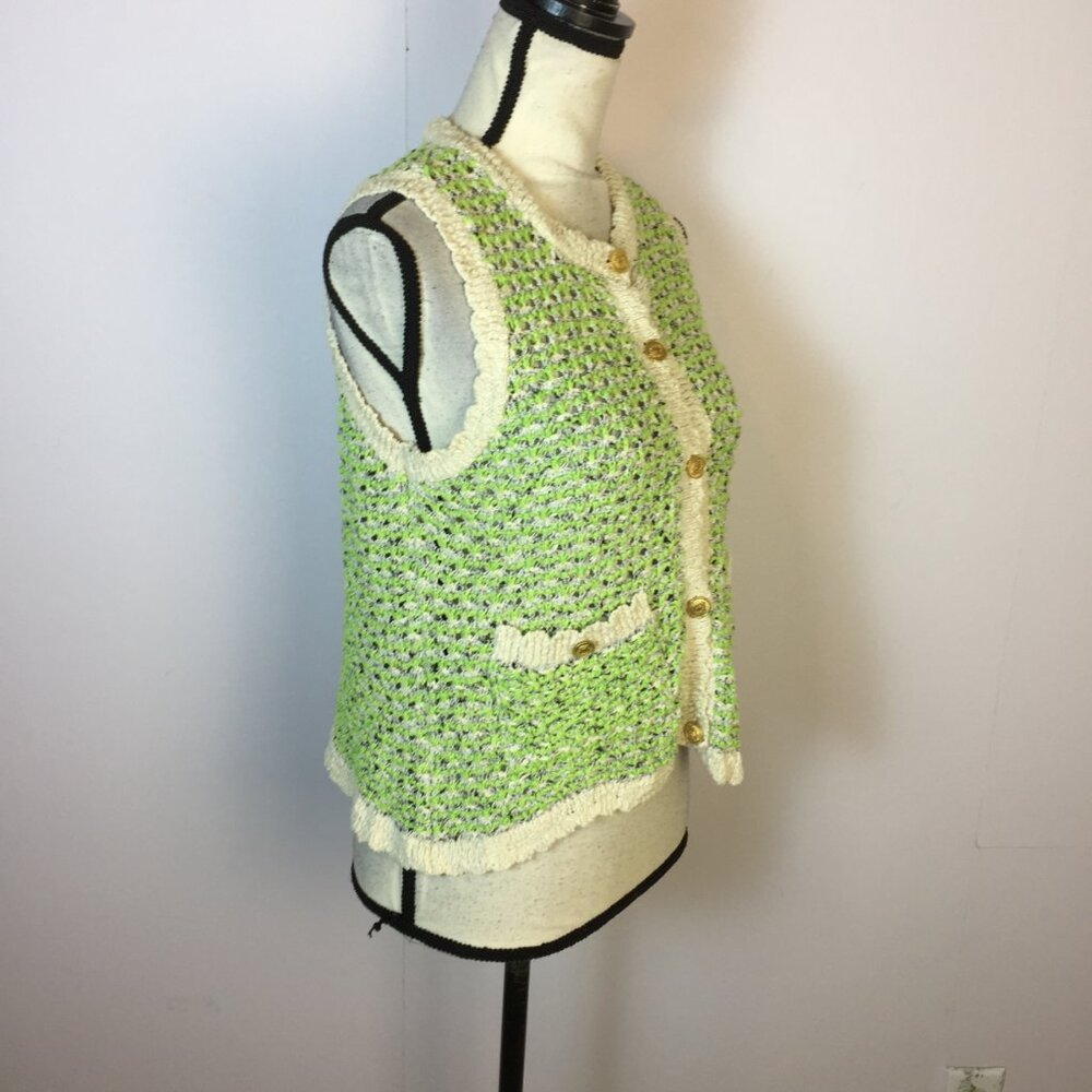 Zara Vest Sweater Size M Womans Green Cream Crochet Knit Gold Buttons Sleeveless - Picture 2 of 13